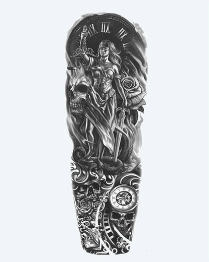 Tatuaje semi-permanente Dama de la Justicia y Calaveras diseño de INKON – ilustración de dramático, completo, manga, dama, justicia, 8 x 20 in (20x50cm), disponible en inkon.co