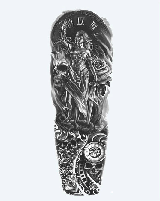 Tatuaje semi-permanente Dama de la Justicia y Calaveras diseño de INKON – ilustración de dramático, completo, manga, dama, justicia, 8 x 20 in (20x50cm), disponible en inkon.co