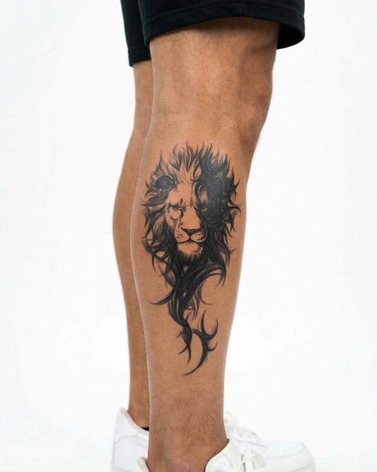 INKON León Majestuoso tatuaje semi-permanente aplicado en un hombre – diseño de 4 x 7 in (10x17cm), apariencia de tinta realista, dura 10 días