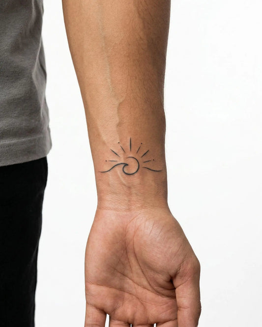 INKON Ola y Sol tatuaje semi-permanente aplicado en un hombre – diseño de 2 x 2 in (5x5cm), apariencia de tinta realista, dura 10 días