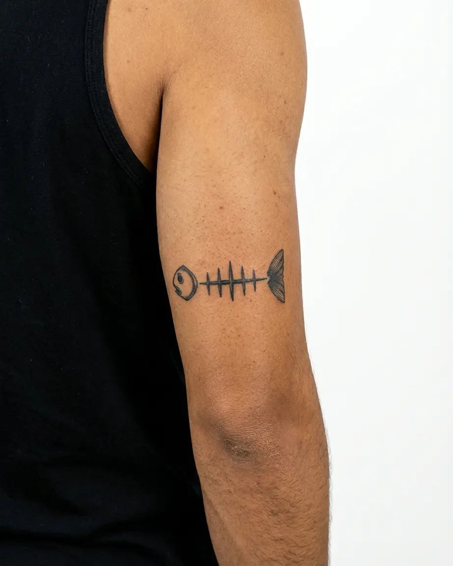 INKON Esqueleto de Pez Minimalista tatuaje semi-permanente aplicado en un hombre – diseño de 3 x 4 in (6x11cm), apariencia de tinta realista, dura 10 días
