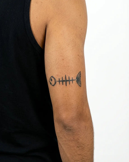 INKON Esqueleto de Pez Minimalista tatuaje semi-permanente aplicado en un hombre – diseño de 3 x 4 in (6x11cm), apariencia de tinta realista, dura 10 días