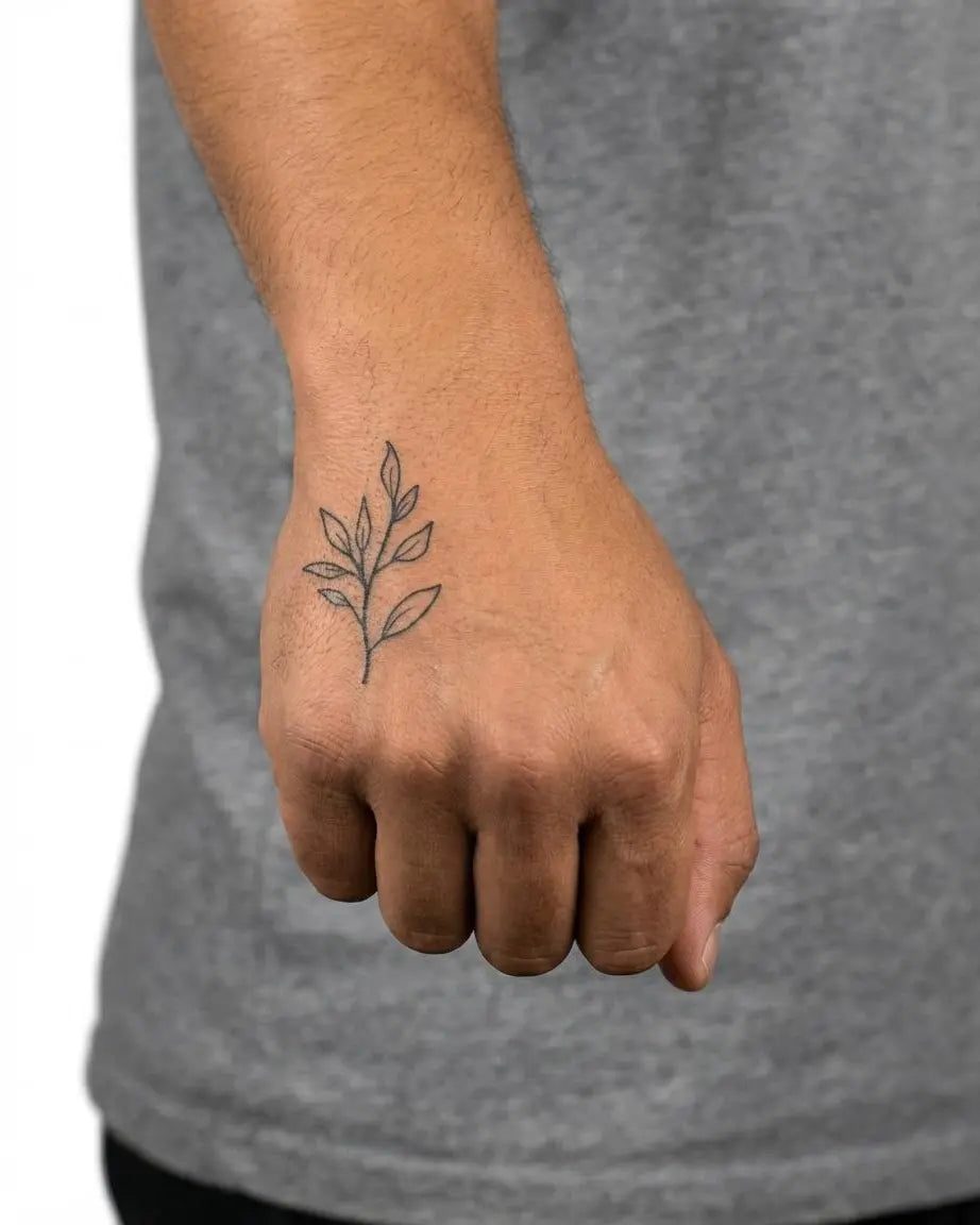 INKON Rama con Hojas tatuaje semi-permanente aplicado en un hombre – diseño de 2 x 2 in (5x5cm), apariencia de tinta realista, dura 10 días