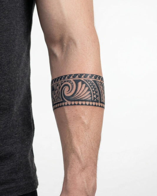 INKON Brazalete Tribal Polinesio tatuaje semi-permanente aplicado en un hombre – diseño de 2 x 9 in (5x23cm), apariencia de tinta realista, dura 10 días