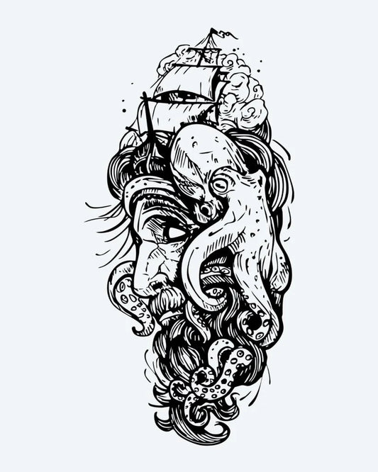 Tatuaje semi-permanente Kraken y Barco diseño de INKON – ilustración de épico, kraken, pulpo, atacando, navegando, 4 x 8 in (11x21cm), disponible en inkon.co