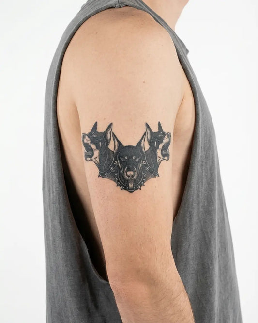INKON Cerbero Triple Doberman tatuaje semi-permanente aplicado en un hombre – diseño de 4 x 4 in (9x9cm), apariencia de tinta realista, dura 10 días