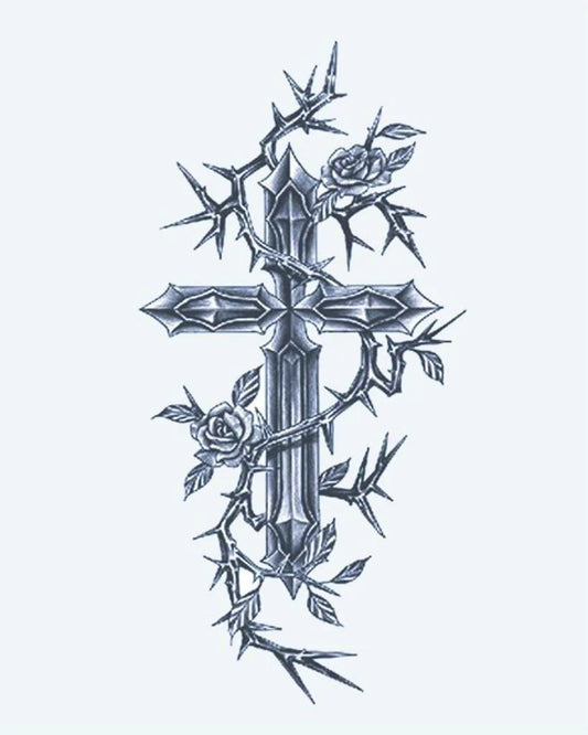 Tatuaje semi-permanente Cruz con Rosas y Espinas diseño de INKON – ilustración de ornamentado, gótico, cruz, entrelazado, espinoso, 4 x 7 in (10x17cm), disponible en inkon.co