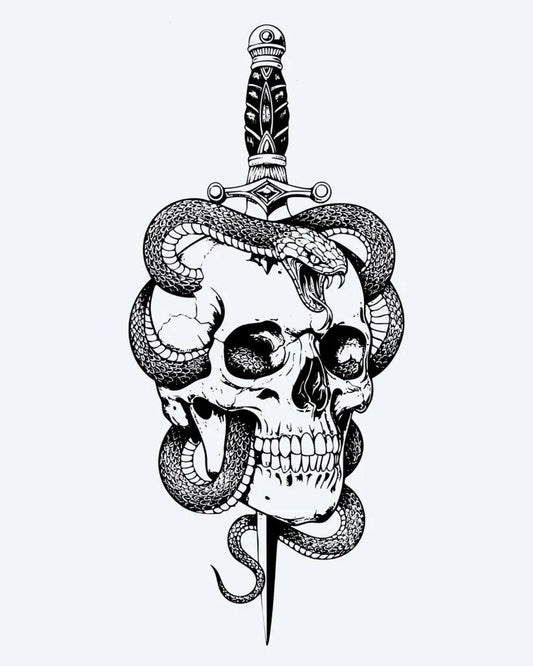 Tatuaje semi-permanente Calavera, Serpiente y Daga diseño de INKON – ilustración de calavera, atravesado, ornamentado, daga, serpiente, 4 x 8 in (11x21cm), disponible en inkon.co