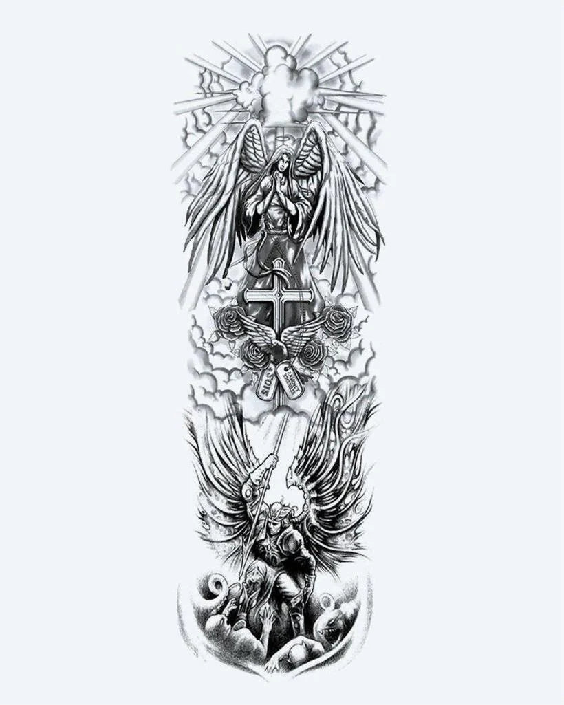 Tatuaje semi-permanente Manga de Ángeles y Cruz diseño de INKON – ilustración de majestuoso, completo, manga, guardián, ángeles, 8 x 20 in (20x50cm), disponible en inkon.co