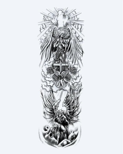 Tatuaje semi-permanente Manga de Ángeles y Cruz diseño de INKON – ilustración de majestuoso, completo, manga, guardián, ángeles, 8 x 20 in (20x50cm), disponible en inkon.co