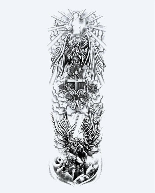 Tatuaje semi-permanente Manga de Ángeles y Cruz diseño de INKON – ilustración de majestuoso, completo, manga, guardián, ángeles, 8 x 20 in (20x50cm), disponible en inkon.co