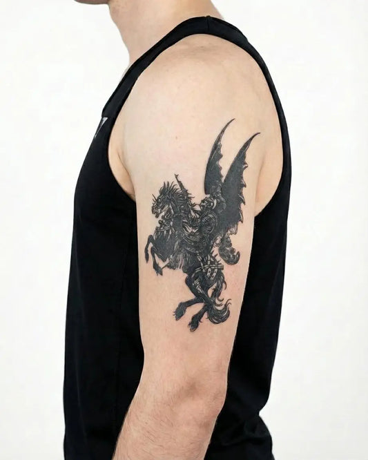 INKON Jinete de Dragón tatuaje semi-permanente aplicado en un hombre – diseño de 4 x 8 in (11x21cm), apariencia de tinta realista, dura 10 días