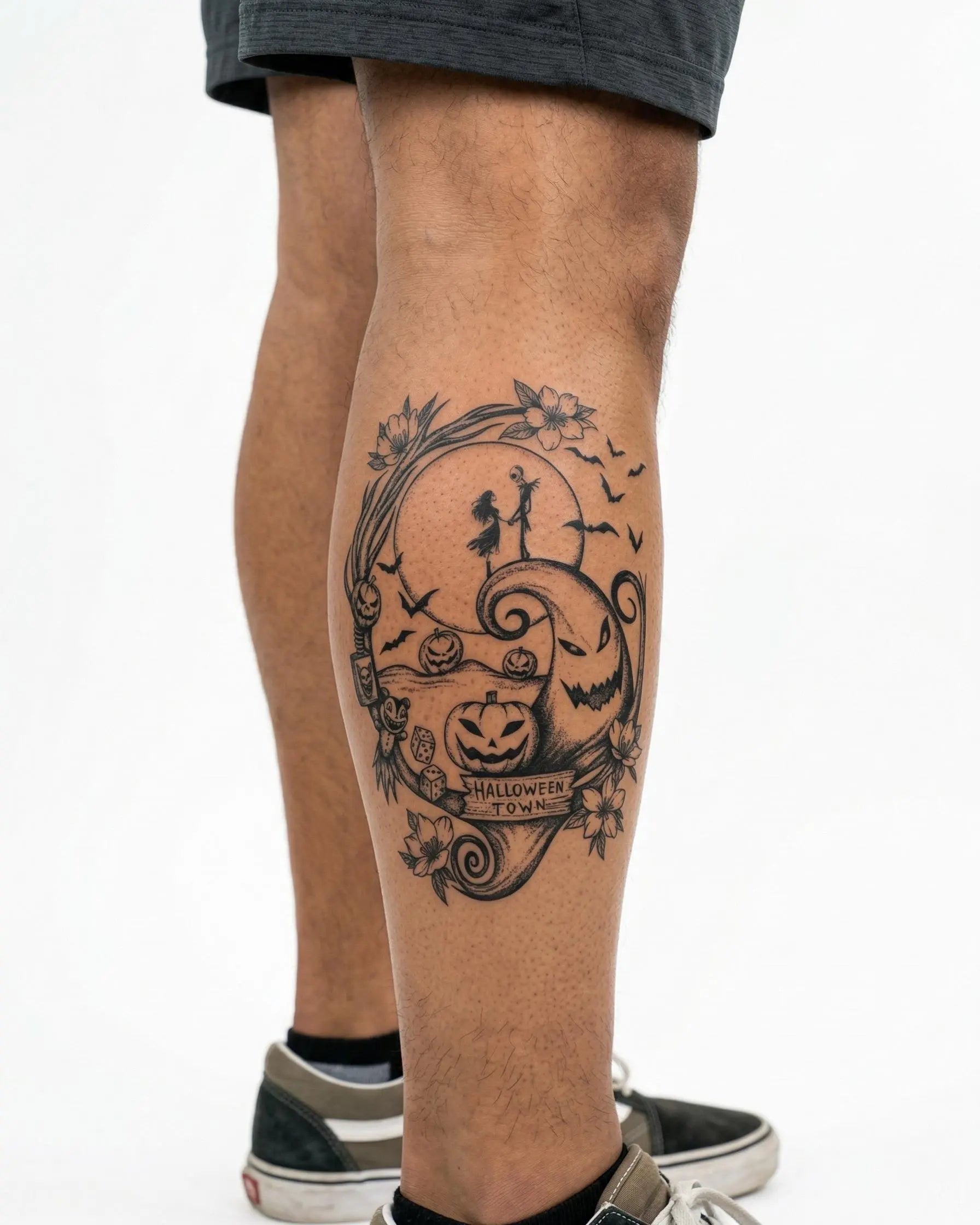 INKON Halloween Town tatuaje semi-permanente aplicado en un hombre – diseño de 4 x 7 in (10x17cm), apariencia de tinta realista, dura 10 días