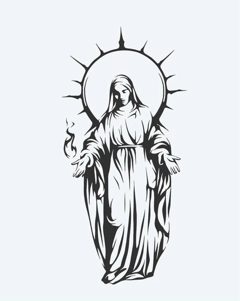 Tatuaje semi-permanente Virgen María con Aureola diseño de INKON – ilustración de grácil, representación, virgen, maría, radiante, 4 x 7 in (10x17cm), disponible en inkon.co