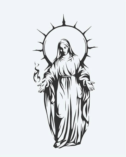 Tatuaje semi-permanente Virgen María con Aureola diseño de INKON – ilustración de grácil, representación, virgen, maría, radiante, 4 x 7 in (10x17cm), disponible en inkon.co