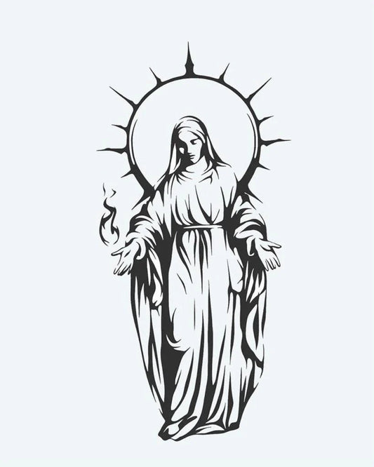 Tatuaje semi-permanente Virgen María con Aureola diseño de INKON – ilustración de grácil, representación, virgen, maría, radiante, 4 x 7 in (10x17cm), disponible en inkon.co