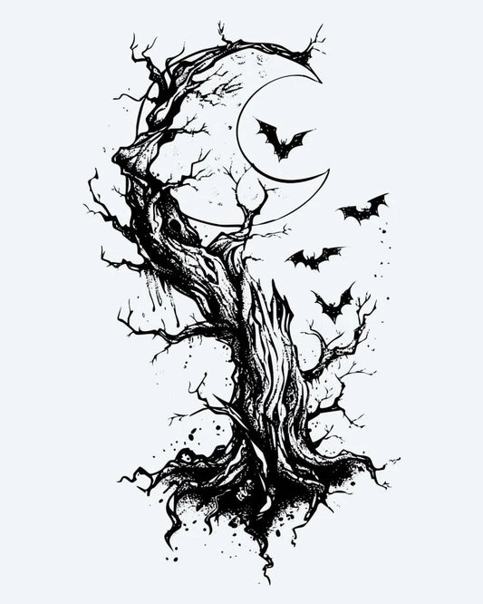 Tatuaje semi-permanente Árbol Muerto, Luna y Murciélagos diseño de INKON – ilustración de espeluznante, retorcido, muerto, árbol, silueta, 4 x 7 in (10x17cm), disponible en inkon.co