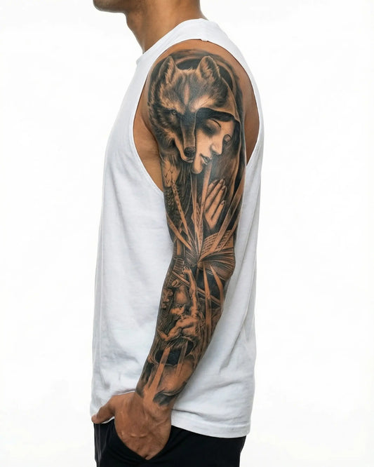 INKON Niña Lobo y Guerrero tatuaje semi-permanente aplicado en un hombre – diseño de 8 x 20 in (20x50cm), apariencia de tinta realista, dura 10 días