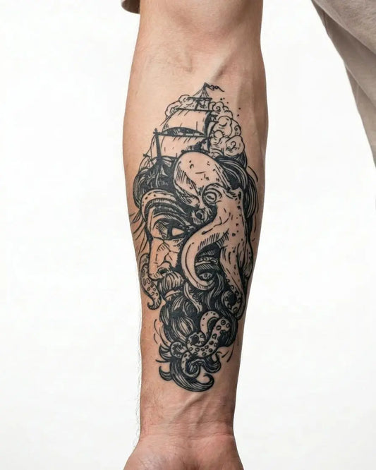 INKON Kraken y Barco tatuaje semi-permanente aplicado en un hombre – diseño de 4 x 8 in (11x21cm), apariencia de tinta realista, dura 10 días