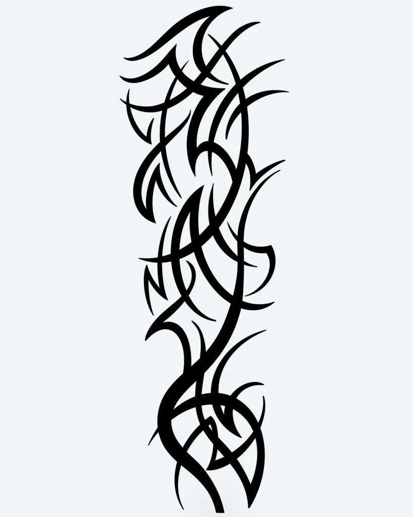 Tatuaje semi-permanente Espinas Tribales diseño de INKON – ilustración de tribal, entrelazado, espinoso, enredaderas, afilado, 8 x 20 in (20x50cm), disponible en inkon.co