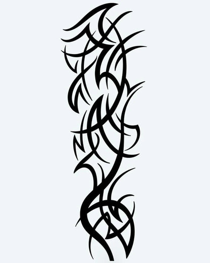 Tatuaje semi-permanente Espinas Tribales diseño de INKON – ilustración de tribal, entrelazado, espinoso, enredaderas, afilado, 8 x 20 in (20x50cm), disponible en inkon.co
