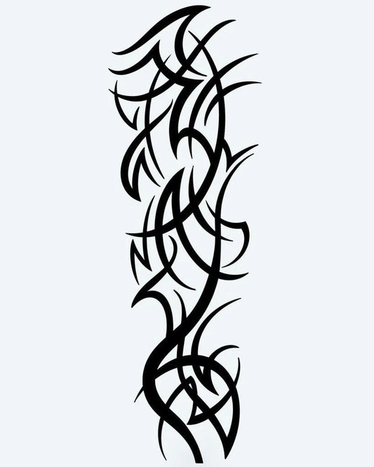 Tatuaje semi-permanente Espinas Tribales diseño de INKON – ilustración de tribal, entrelazado, espinoso, enredaderas, afilado, 8 x 20 in (20x50cm), disponible en inkon.co