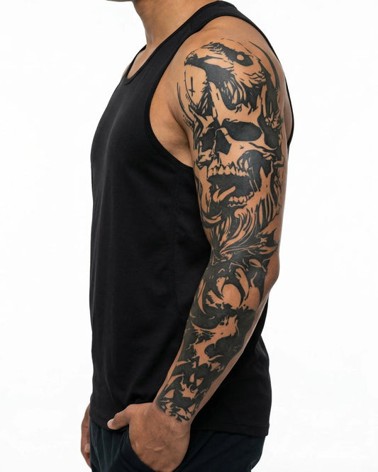 INKON Caos Floral y Calavera tatuaje semi-permanente aplicado en un hombre – diseño de 8 x 20 in (20x50cm), apariencia de tinta realista, dura 10 días