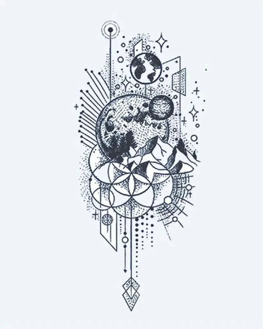 Tatuaje semi-permanente Luna Cósmica y Geometría diseño de INKON – ilustración de celestial, luna, montañas, tierra, sagrado, 4 x 7 in (10x17cm), disponible en inkon.co
