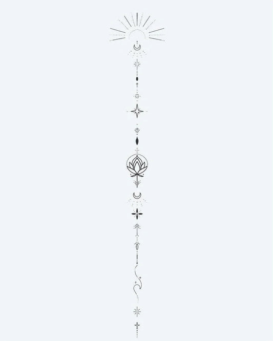 Tatuaje semi-permanente Tótem de Loto Celestial diseño de INKON – ilustración de vertical, fino, línea, ornamento, luna, 4 x 7 in (10x17cm), disponible en inkon.co