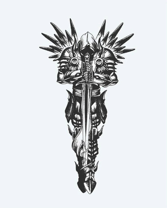 Tatuaje semi-permanente Caballero con Armadura y Espada diseño de INKON – ilustración de épico, blindado, caballero, sosteniendo, espada, 4 x 8 in (11x21cm), disponible en inkon.co