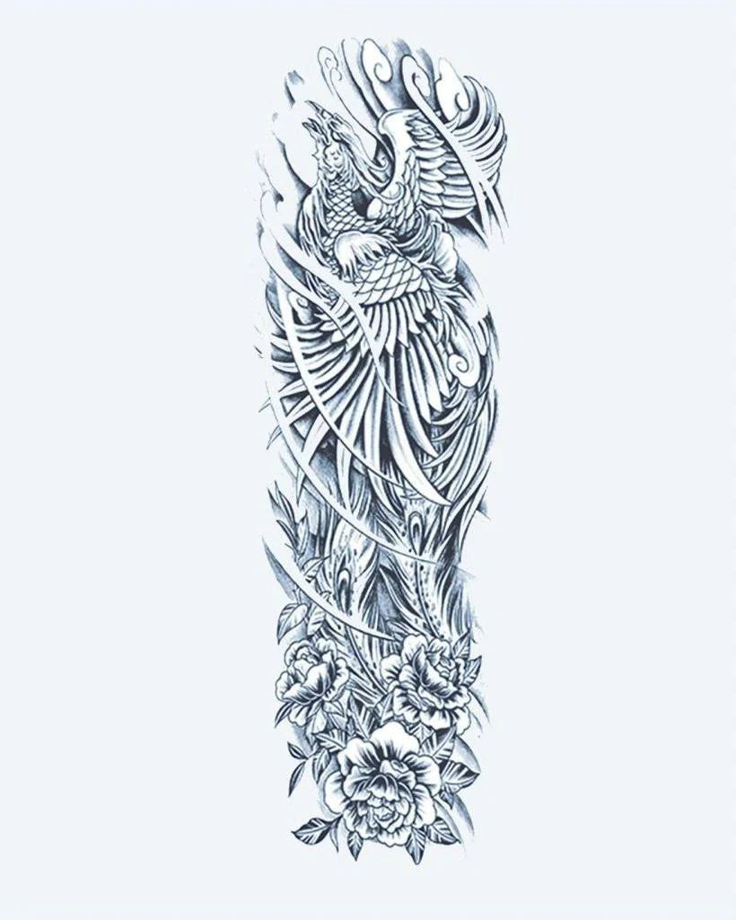 Tatuaje semi-permanente Fénix Renaciente diseño de INKON – ilustración de magnífico, completo, manga, ave fénix, ascendiendo, 8 x 20 in (20x50cm), disponible en inkon.co