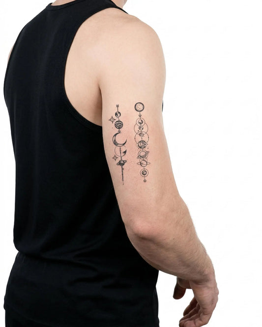 INKON Alineación del Sistema Solar tatuaje semi-permanente aplicado en un hombre – diseño de 3 x 4 in (6x11cm), apariencia de tinta realista, dura 10 días