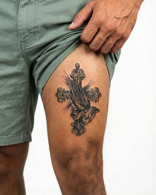 INKON Manos en Oración y Cruz Ornamental tatuaje semi-permanente aplicado en un hombre – diseño de 4 x 7 in (10x17cm), apariencia de tinta realista, dura 10 días
