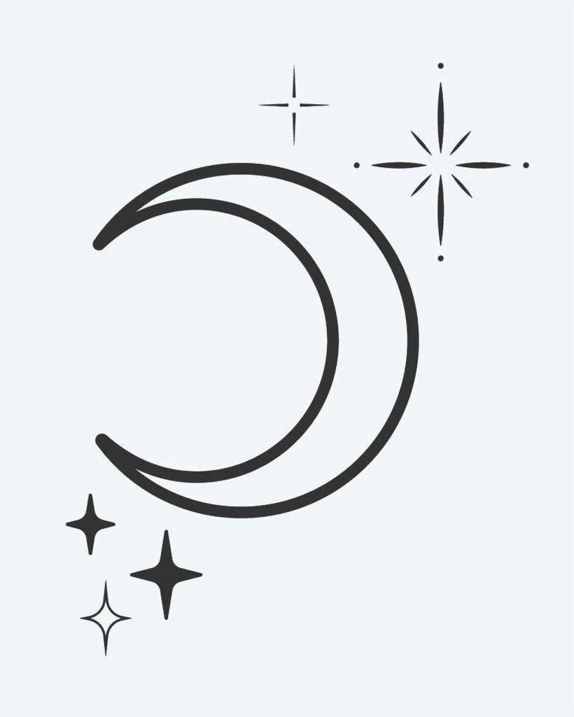 Tatuaje semi-permanente Luna Creciente y Estrellas diseño de INKON – ilustración de luna creciente, luna, centelleante, estrellas, destello, 2 x 2 in (5x5cm), disponible en inkon.co