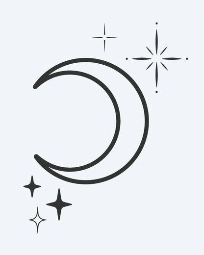 Tatuaje semi-permanente Luna Creciente y Estrellas diseño de INKON – ilustración de luna creciente, luna, centelleante, estrellas, destello, 2 x 2 in (5x5cm), disponible en inkon.co
