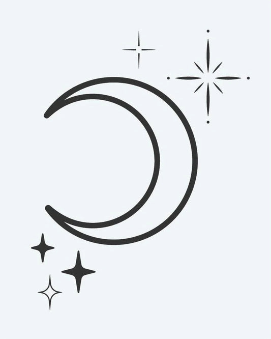 Tatuaje semi-permanente Luna Creciente y Estrellas diseño de INKON – ilustración de luna creciente, luna, centelleante, estrellas, destello, 2 x 2 in (5x5cm), disponible en inkon.co