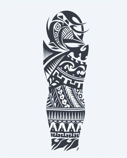 Tatuaje semi-permanente Tribal Samoano diseño de INKON – ilustración de samoano, tribal, completo, manga, geométrico, 8 x 20 in (20x50cm), disponible en inkon.co