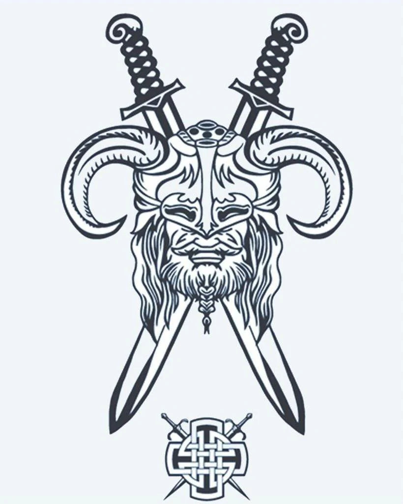 Tatuaje semi-permanente Guerrero Vikingo y Espadas diseño de INKON – ilustración de con cuernos, vikingo, guerrero, rostro, largo, 4 x 7 in (10x17cm), disponible en inkon.co