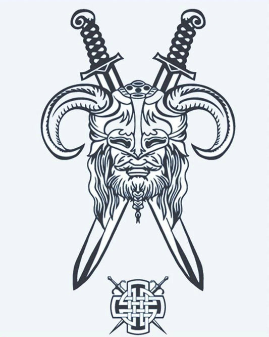 Tatuaje semi-permanente Guerrero Vikingo y Espadas diseño de INKON – ilustración de con cuernos, vikingo, guerrero, rostro, largo, 4 x 7 in (10x17cm), disponible en inkon.co
