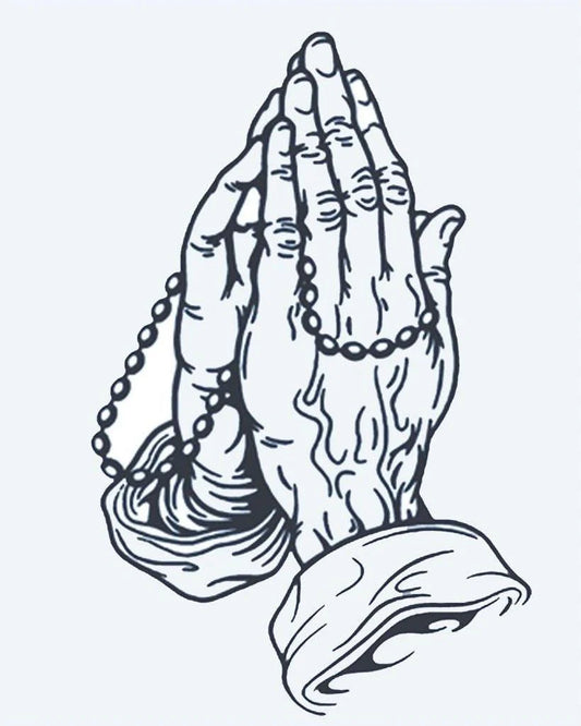 Tatuaje semi-permanente Manos en Oración con Rosario diseño de INKON – ilustración de orando, manos, envuelto, rosario, atemporal, 4 x 7 in (10x17cm), disponible en inkon.co