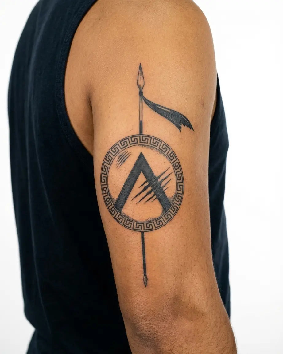 INKON Escudo y Lanza Espartanos tatuaje semi-permanente aplicado en un hombre – diseño de 4 x 7 in (10x17cm), apariencia de tinta realista, dura 10 días