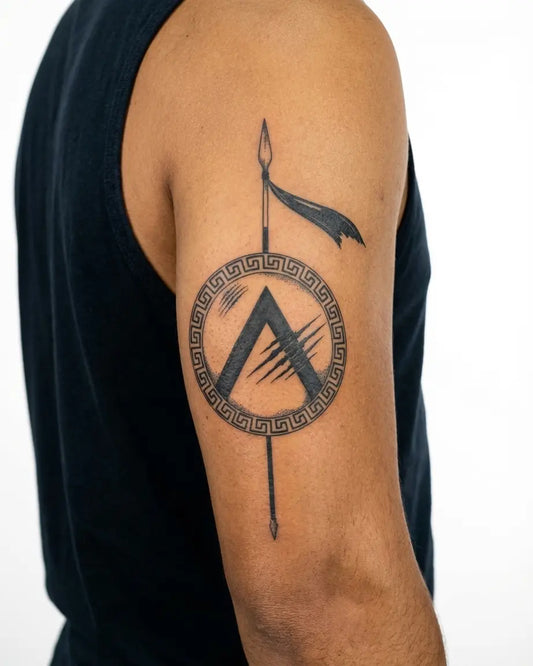 INKON Escudo y Lanza Espartanos tatuaje semi-permanente aplicado en un hombre – diseño de 4 x 7 in (10x17cm), apariencia de tinta realista, dura 10 días