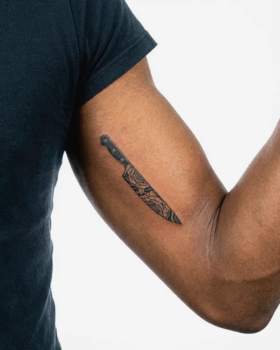 INKON Cuchillo de Chef con Rosa tatuaje semi-permanente aplicado en un hombre – diseño de 3 x 4 in (6x11cm), apariencia de tinta realista, dura 10 días