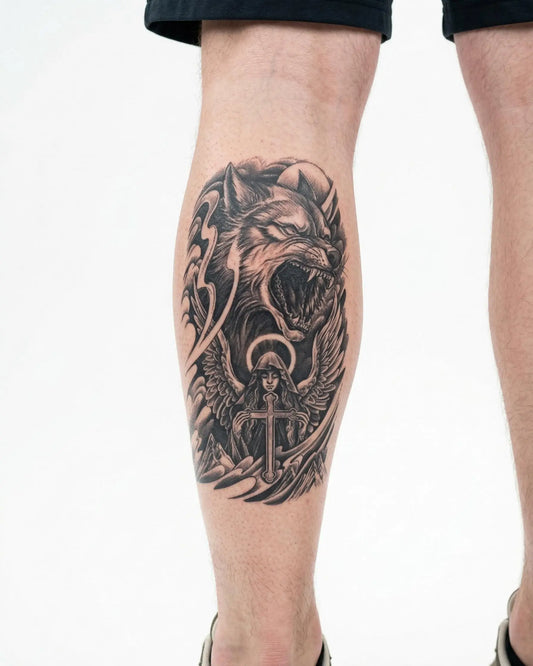 INKON Lobo y Ángel Guardián tatuaje semi-permanente aplicado en un hombre – diseño de 4 x 7 in (10x17cm), apariencia de tinta realista, dura 10 días