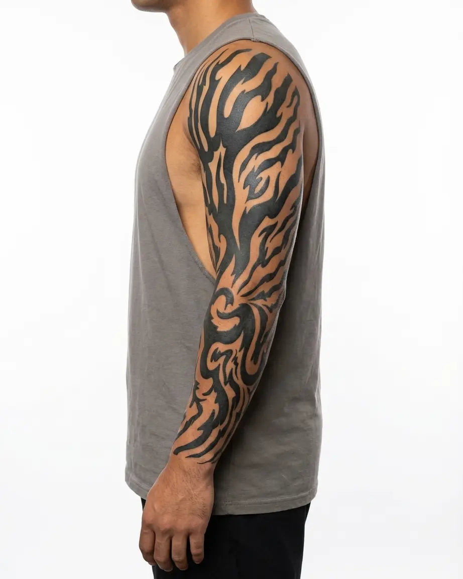 INKON Manga Tribal de Llamas tatuaje semi-permanente aplicado en un hombre – diseño de 8 x 20 in (20x50cm), apariencia de tinta realista, dura 10 días