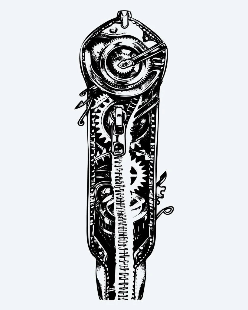 Tatuaje semi-permanente Engranes Mecánicos Steampunk diseño de INKON – ilustración de steampunk, expuesto, engranajes, engranajes, resortes, 8 x 20 in (20x50cm), disponible en inkon.co