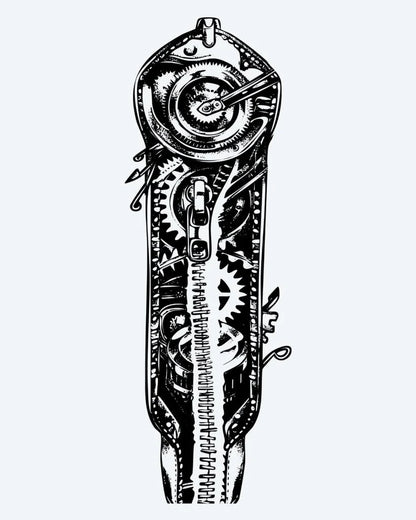 Tatuaje semi-permanente Engranes Mecánicos Steampunk diseño de INKON – ilustración de steampunk, expuesto, engranajes, engranajes, resortes, 8 x 20 in (20x50cm), disponible en inkon.co