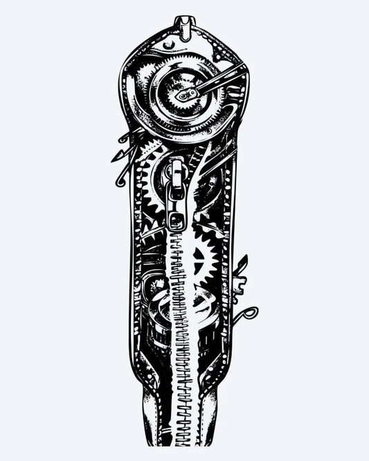 Tatuaje semi-permanente Engranes Mecánicos Steampunk diseño de INKON – ilustración de steampunk, expuesto, engranajes, engranajes, resortes, 8 x 20 in (20x50cm), disponible en inkon.co