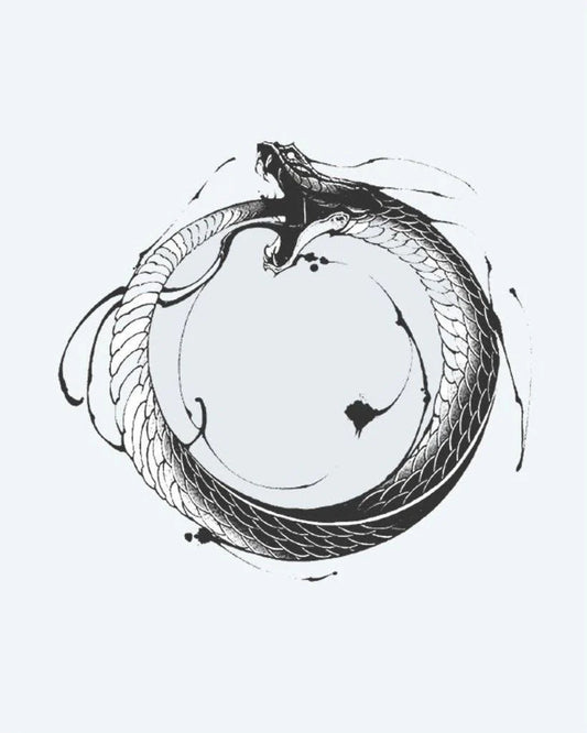 Tatuaje semi-permanente Serpiente Uróboros diseño de INKON – ilustración de antiguo, uróboro, símbolo, serpiente, comiendo, 4 x 4 in (9x9cm), disponible en inkon.co