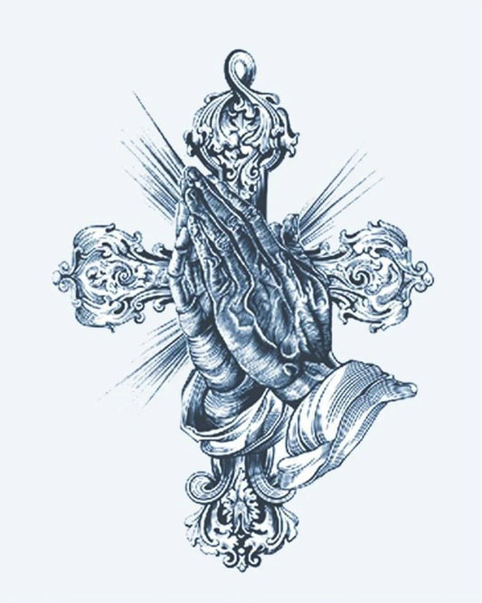 Tatuaje semi-permanente Manos en Oración y Cruz Ornamental diseño de INKON – ilustración de orando, manos, contra, barroco, ornamental, 4 x 7 in (10x17cm), disponible en inkon.co